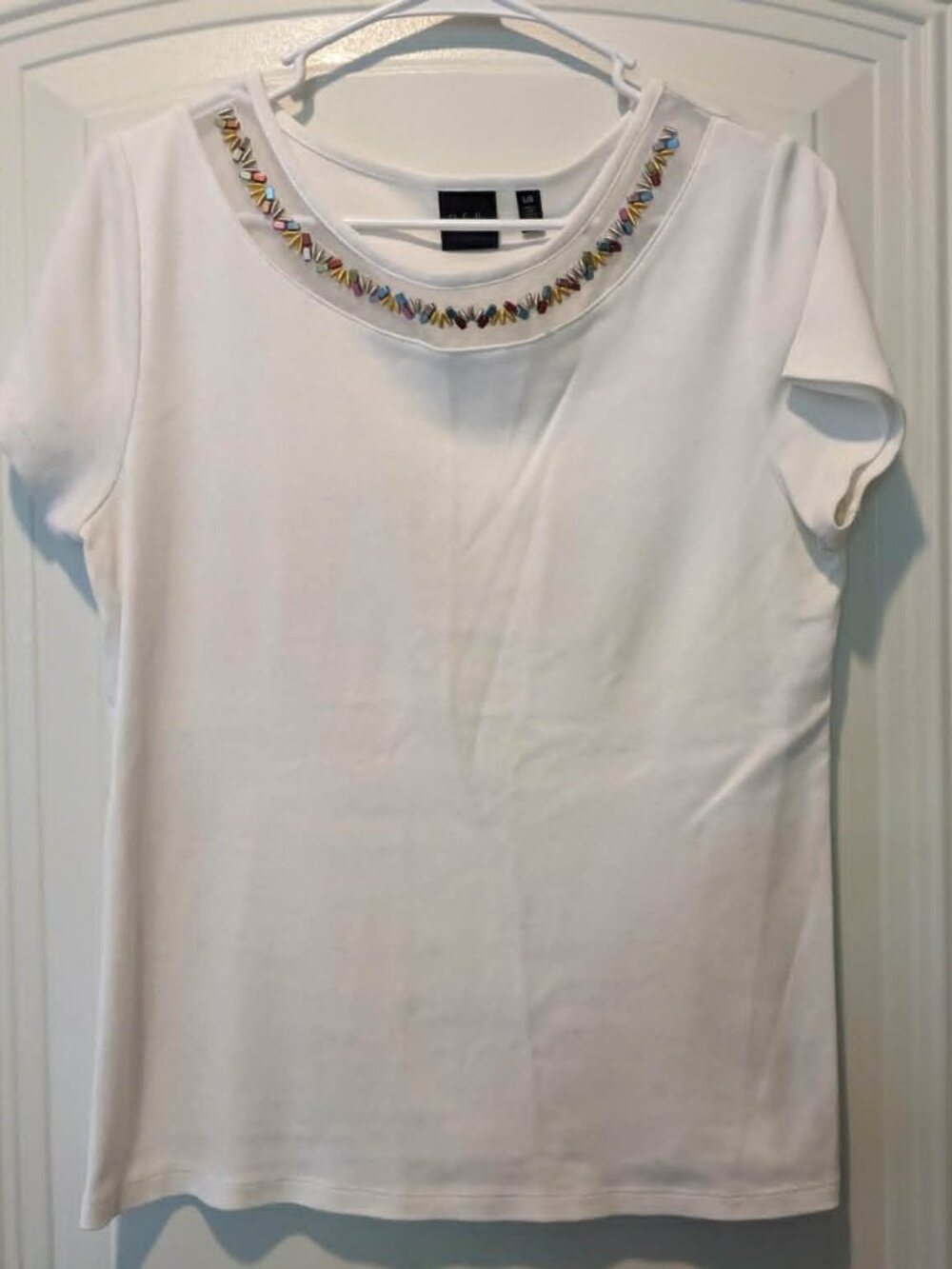 Women's Rafaella White Short Sleeved Shirt - Jeweled collar - Large - EUC